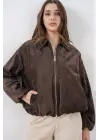 Büzgülü Oversize Kadife Ceket 0733 - Kahverengi