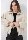 Büzgülü Oversize Kaşe Ceket 0728 - Ekru