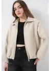 Büzgülü Oversize Kaşe Ceket 0728 - Ekru