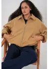 Büzgülü Oversize Kaşe Ceket 0728 - Hardal