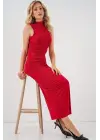 Büzgülü Sıfır Kol Drapeli Elbise 2579 - Kırmızı