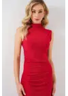 Büzgülü Sıfır Kol Drapeli Elbise 2579 - Kırmızı
