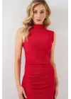 Büzgülü Sıfır Kol Drapeli Elbise 2579 - Kırmızı