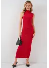 Büzgülü Sıfır Kol Drapeli Elbise 2579 - Kırmızı
