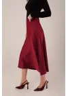Çan Kesim Midi Bordo Saten Etek