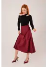 Çan Kesim Midi Bordo Saten Etek