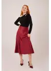 Çan Kesim Midi Bordo Saten Etek