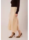 Çan Kesim Midi Krem Saten Etek