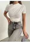 Çapraz Büzgülü Kısa Kol Sandy Bluz -Beyaz