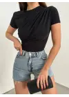 Çapraz Büzgülü Kısa Kol Sandy Bluz  -Siyah