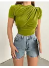 Çapraz Büzgülü Kısa Kol Sandy Bluz -Yağ Yeşili
