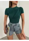 Omarı Şık Çizgili Kısa Kollu Sandy Bluz - Zümrüt