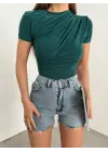 Çapraz Büzgülü Kısa Kol Sandy Bluz -Zümrüt