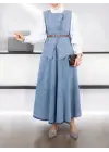 Omarı Kemerli Yelek Etek Kot Takım - Buz Mavi