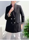Cep Detaylı Çift Düğmeli Blazer Ceket -Siyah