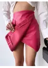 Cep detaylı oval kapaklı deri etek fuşya h240048