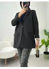 Cepli Tek Düğmeli Likralı Ceket -Siyah