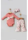 Çiçek Desenli Fiyonklu 3lü Kız Bebek Takım