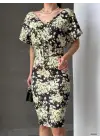 Omarı Çiçek Desenli V Yaka Kalem Elbise