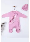 Çiçek Nakışlı Şapkalı % 100 Pamuk Kız Bebek Tulumu