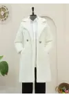 Ekru Çift Düğmeli Peluş Kaban