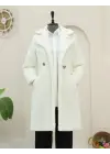 Çift Düğmeli Astarlı Yan Cepli Peluş Kaban -Ekru