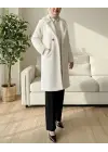 Ekru Çift Düğmeli Peluş Kaban