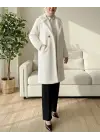 Çift Düğmeli Astarlı Yan Cepli Peluş Kaban -Ekru