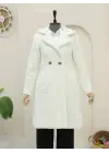 Çift Düğmeli Astarlı Yan Cepli Peluş Kaban -Ekru