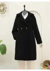 Çift Düğmeli Astarlı Yan Cepli Peluş Kaban -Siyah
