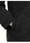 Çift Düğmeli Astarlı Yan Cepli Peluş Kaban -Siyah