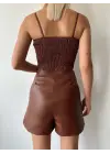 Çift fermuarlı deri şort kahve h24394