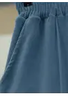 Çımalı Beli Lastikli Kadife Pantolon -Mavi