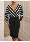 Omarı Çizgi Desenli Kruvaze Yaka Triko Elbise