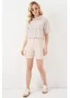 Çizgili Crop Gömlek 20342 - Bej