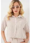 Çizgili Crop Gömlek 20342 - Bej
