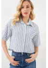 Çizgili Crop Gömlek 20342 - Mavi