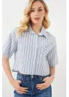 Çizgili Crop Gömlek 20342 - Mavi