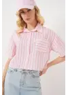 Çizgili Crop Gömlek 20342 - Pudra