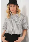Çizgili Crop Gömlek 20342 - Siyah