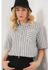 Çizgili Crop Gömlek 20342 - Siyah