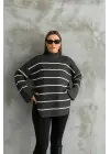 Çizgili ispanyol kol triko boğazlı kazak antrasit elf