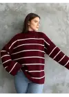 Çizgili ispanyol kol triko boğazlı kazak bordo elf