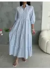ÇİZGİLİ KETEN HAKİM YAKA DÜĞMELİ SALAŞ ELBİSE - Mavi