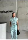 ÇİZGİLİ KETEN KOLSUZ CROP PANTOLON TAKIM - Yeşil
