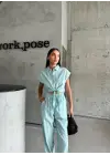ÇİZGİLİ KETEN KOLSUZ CROP PANTOLON TAKIM - Yeşil