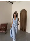 ÇİZGİLİ KETEN YELEK-PANTOLON TAKIM - Mavi