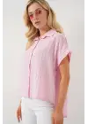 Çizgili Kısa Kol Gömlek 20327 - Pembe