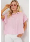 Çizgili Kısa Kol Gömlek 20327 - Pembe