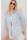 Çizgili Kısa Kol Gömlek 20344 - Mavi